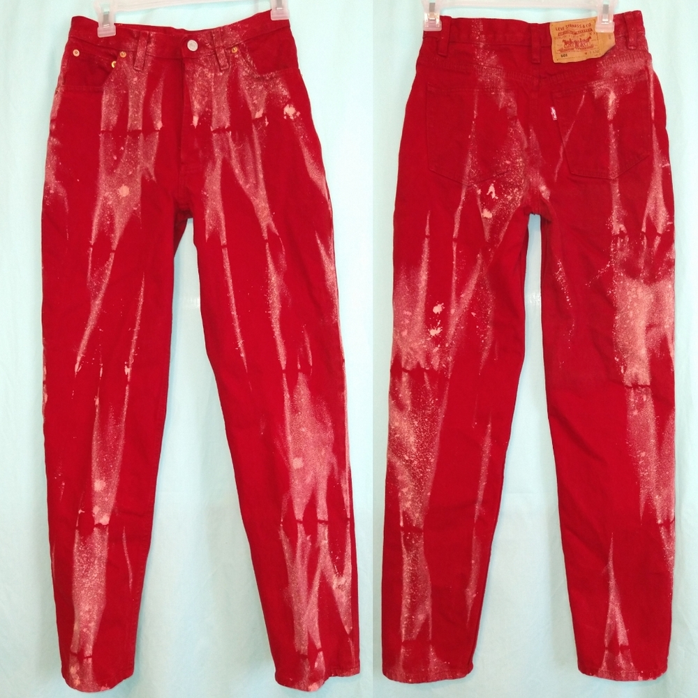 Levi's 501 button fly red colored denim tie-dye 7 Juniors Festival Rodeo Altered